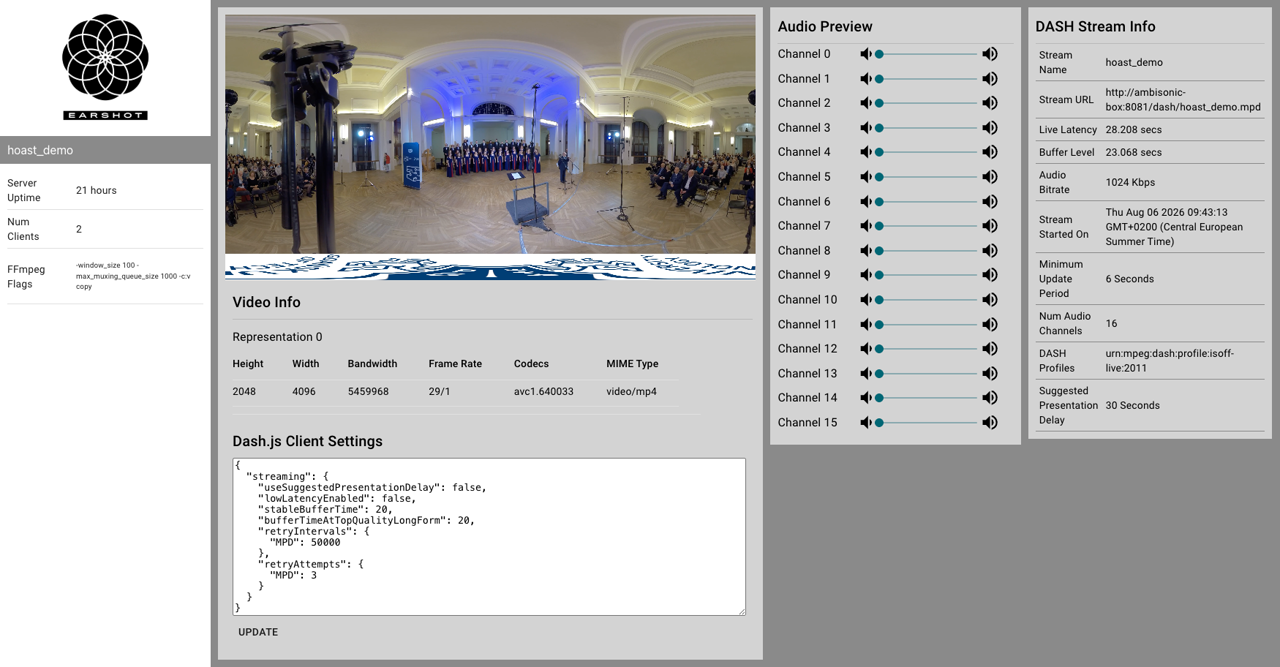 Earshot webtools showing the live stream, its 16 audio channels, and dash.js preview player settings