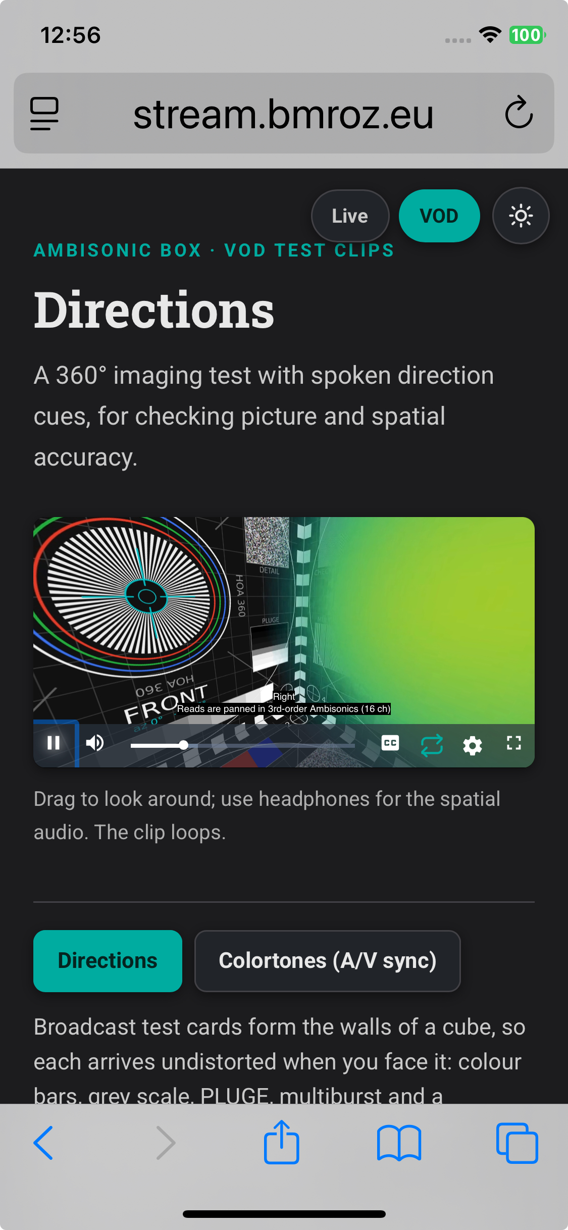 An on-demand clip playing on an iPhone Xs in Safari, showing the 360 test card and an on-screen indicator confirming 3rd-order Ambisonics, 16 channels