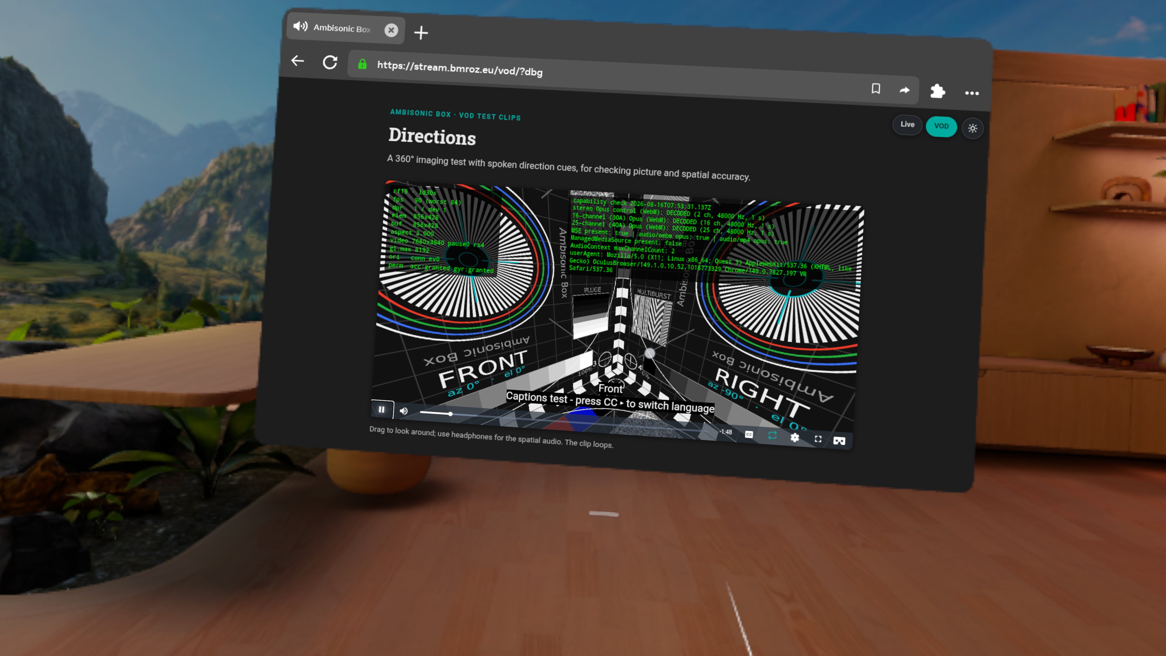 The player running in Oculus Browser on a Meta Quest 3, with a debug overlay reporting 16-channel and 25-channel Opus streams decoding
