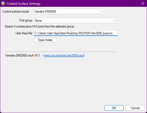 REAPER control surface configuration dialog