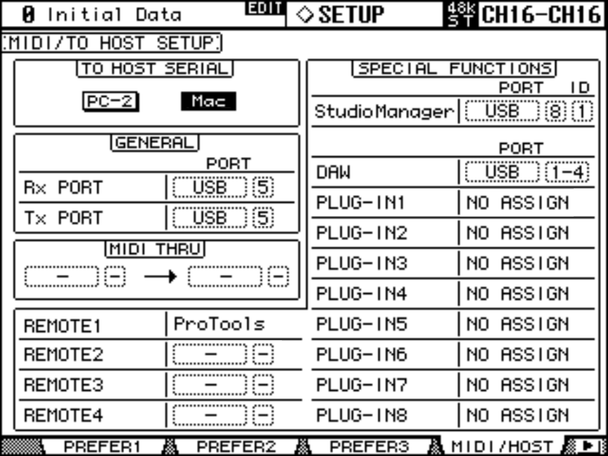 DM2000 MIDI/HOST SETUP screen showing Remote1=ProTools, DAW=USB 1-4